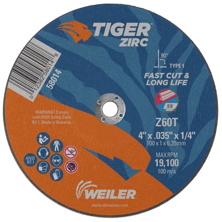 WEILER 4" x .035" Tiger Zirc Type 1 Cut-Off Wheel, Z60T, 1/4" A.H. 58014